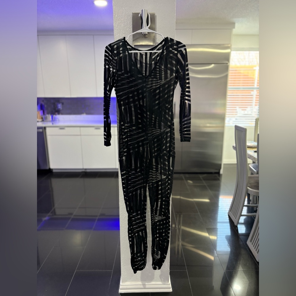 Black Patterned Long-Sleeve Mesh Women’s Jumpsuit